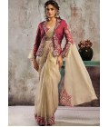 Designer Beige-Maroon Pre-Stitched Saree With Jacket Belt And Tube Blouse