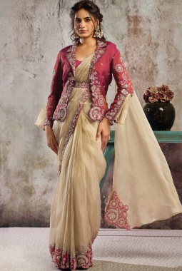 Designer Beige-Maroon Pre-Stitched Saree With Jacket Belt And Tube Blouse