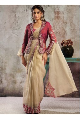Designer Beige-Maroon Pre-Stitched Saree With Jacket Belt And Tube Blouse