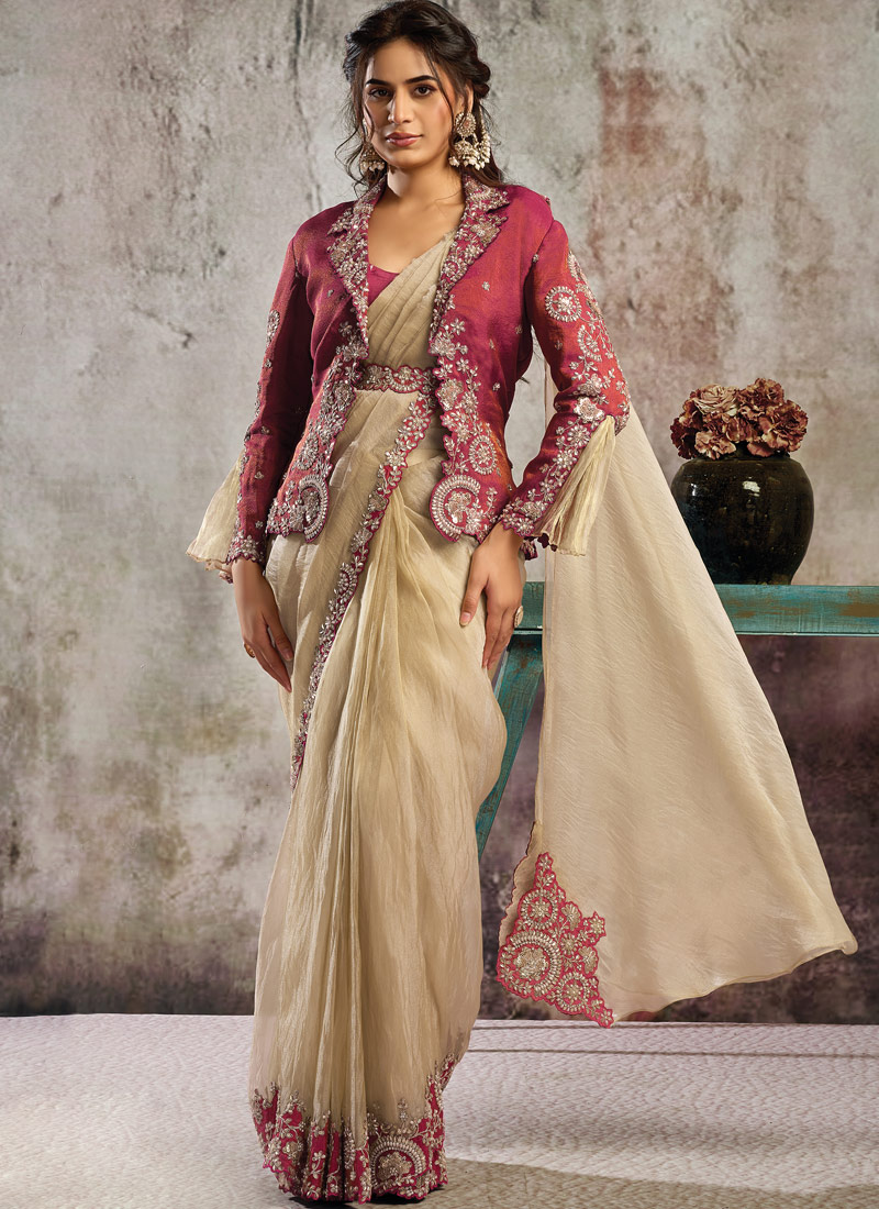 Designer Beige-Maroon Pre-Stitched Saree With Jacket Belt And Tube Blouse