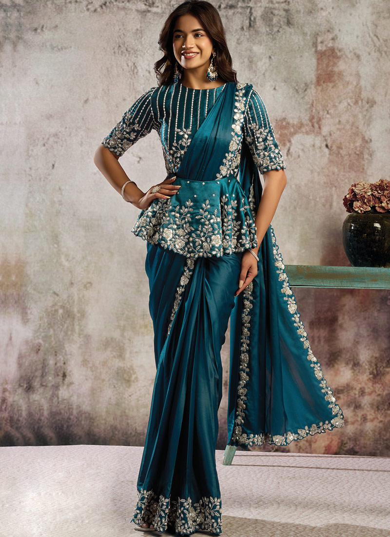 Designer Rama One Minute Saree with Dual Sequins And Crystal Stone Embellishment