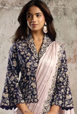 Designer Lavender Violet Ready Saree With Blazer Style Statement Blouse