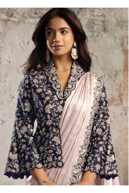 Designer Lavender Violet Ready Saree With Blazer Style Statement Blouse