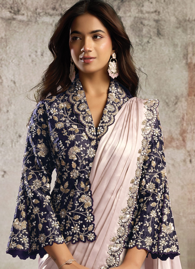 Designer Lavender Violet Ready Saree With Blazer Style Statement Blouse