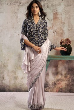 Designer Lavender Violet Ready Saree With Blazer Style Statement Blouse