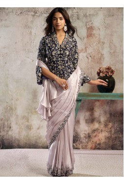 Designer Lavender Violet Ready Saree With Blazer Style Statement Blouse