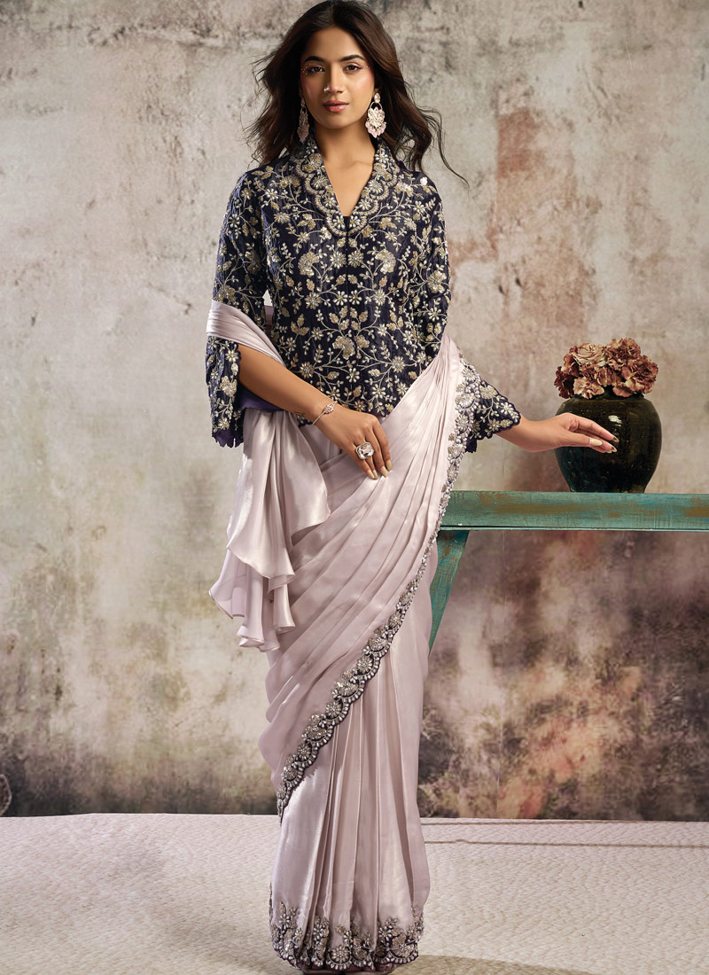 Designer Lavender Violet Ready Saree With Blazer Style Statement Blouse