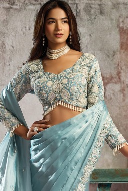 Sky Blue Partywear One Minute Saree With Blouse Belt And Intricate Hand Embroidery
