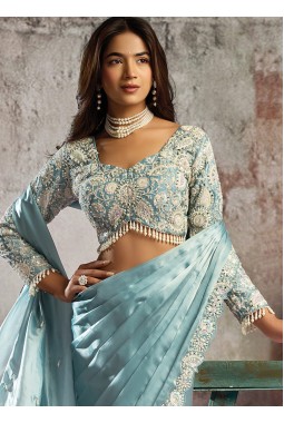 Sky Blue Partywear One Minute Saree With Blouse Belt And Intricate Hand Embroidery
