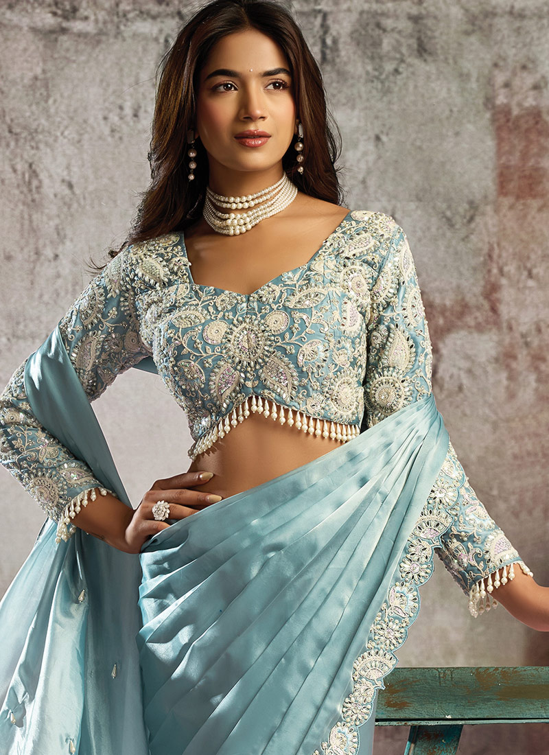 Sky Blue Partywear One Minute Saree With Blouse Belt And Intricate Hand Embroidery