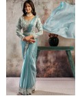 Sky Blue Partywear One Minute Saree With Blouse Belt And Intricate Hand Embroidery