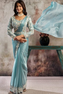 Sky Blue Partywear One Minute Saree With Blouse Belt And Intricate Hand Embroidery