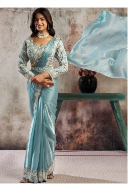 Sky Blue Partywear One Minute Saree With Blouse Belt And Intricate Hand Embroidery