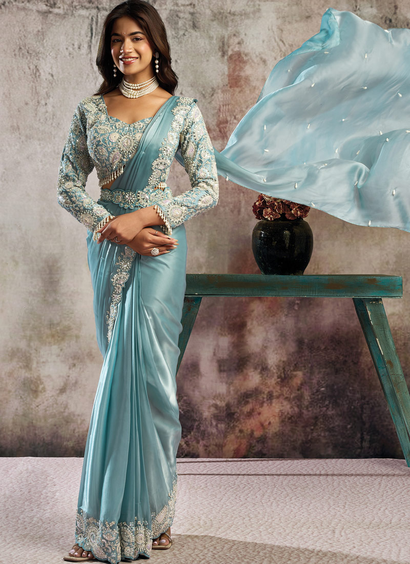 Sky Blue Partywear One Minute Saree With Blouse Belt And Intricate Hand Embroidery