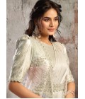 White Premium Satin Ready Saree With Bead Sequin And Applique Detailing With Belt Set