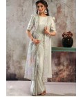 White Premium Satin Ready Saree With Bead Sequin And Applique Detailing With Belt Set