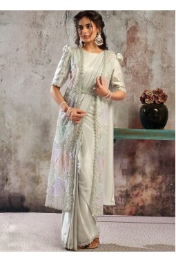 White Premium Satin Ready Saree With Bead Sequin And Applique Detailing With Belt Set