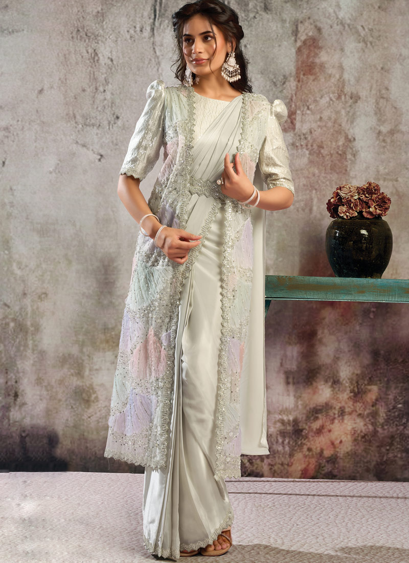 White Premium Satin Ready Saree With Bead Sequin And Applique Detailing With Belt Set
