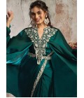 Green Ready To Wear Satin Saree With Metallic Sequins Pearl Work And Designer Poncho Set