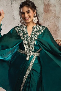 Green Ready To Wear Satin Saree With Metallic Sequins Pearl Work And Designer Poncho Set