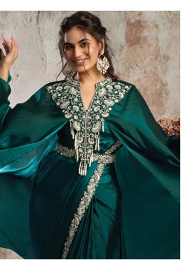 Green Ready To Wear Satin Saree With Metallic Sequins Pearl Work And Designer Poncho Set