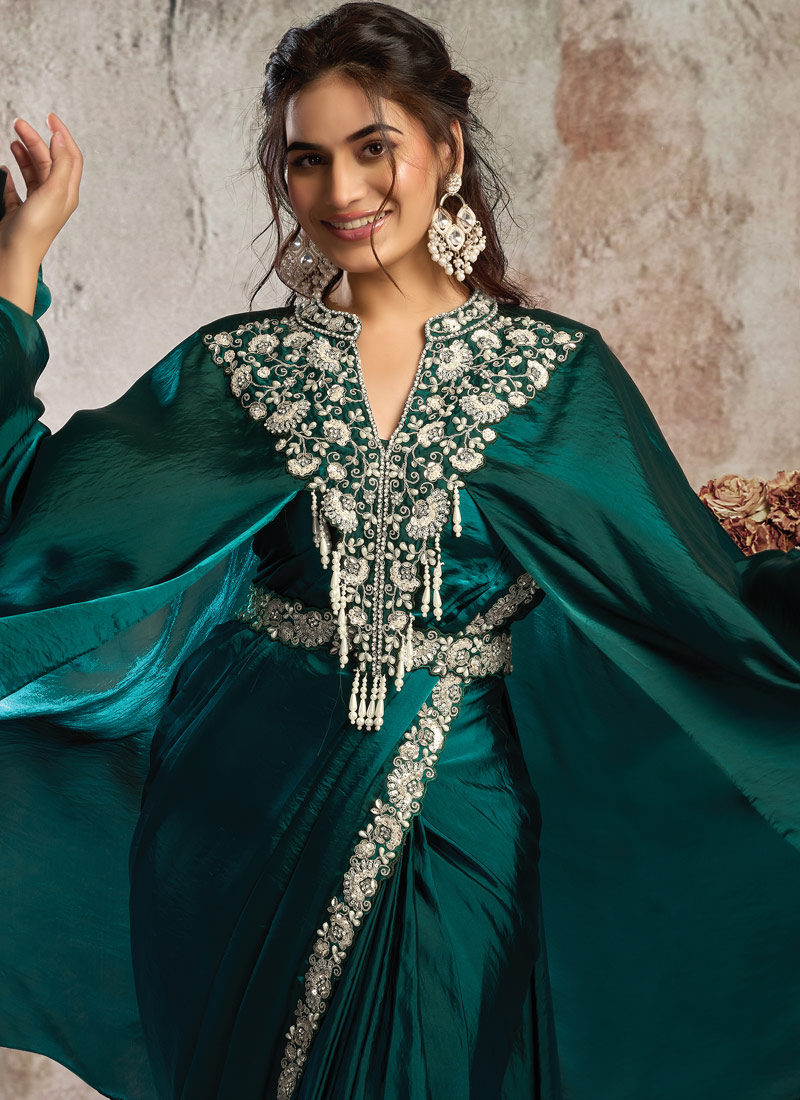 Green Ready To Wear Satin Saree With Metallic Sequins Pearl Work And Designer Poncho Set
