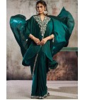 Green Ready To Wear Satin Saree With Metallic Sequins Pearl Work And Designer Poncho Set
