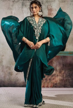 Green Ready To Wear Satin Saree With Metallic Sequins Pearl Work And Designer Poncho Set