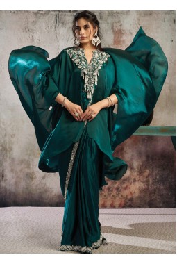 Green Ready To Wear Satin Saree With Metallic Sequins Pearl Work And Designer Poncho Set