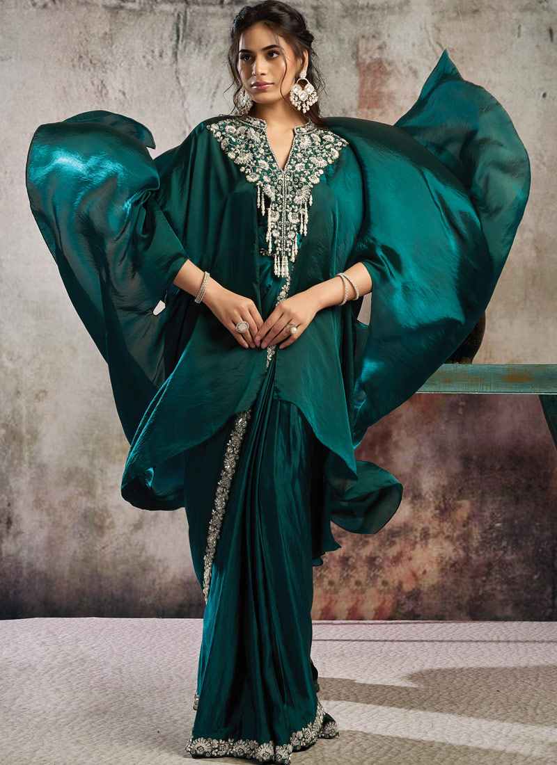 Green Ready To Wear Satin Saree With Metallic Sequins Pearl Work And Designer Poncho Set