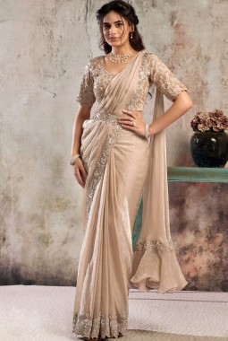Peach Partywear One Minute Saree With Blouse Belt And Elegant Embellished Finish