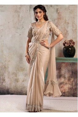 Peach Partywear One Minute Saree With Blouse Belt And Elegant Embellished Finish