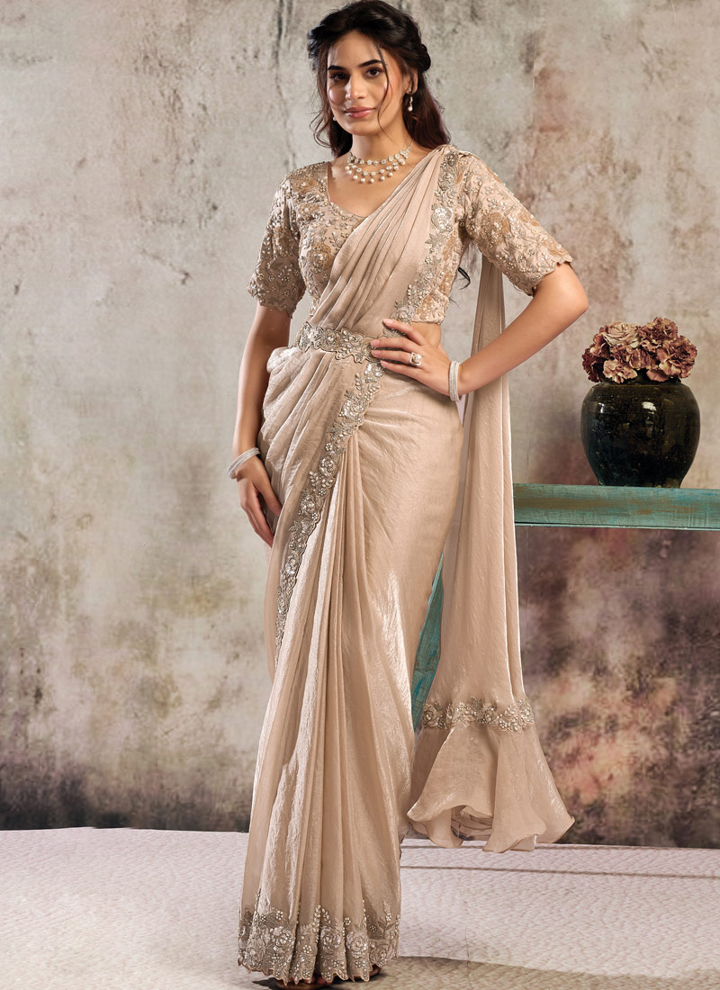 Peach Partywear One Minute Saree With Blouse Belt And Elegant Embellished Finish
