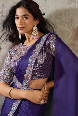 Purple Designer Satin Saree With Dual Beads Four Sequins Detailing And Elegant Belt Set