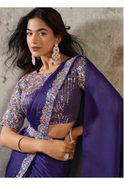 Purple Designer Satin Saree With Dual Beads Four Sequins Detailing And Elegant Belt Set