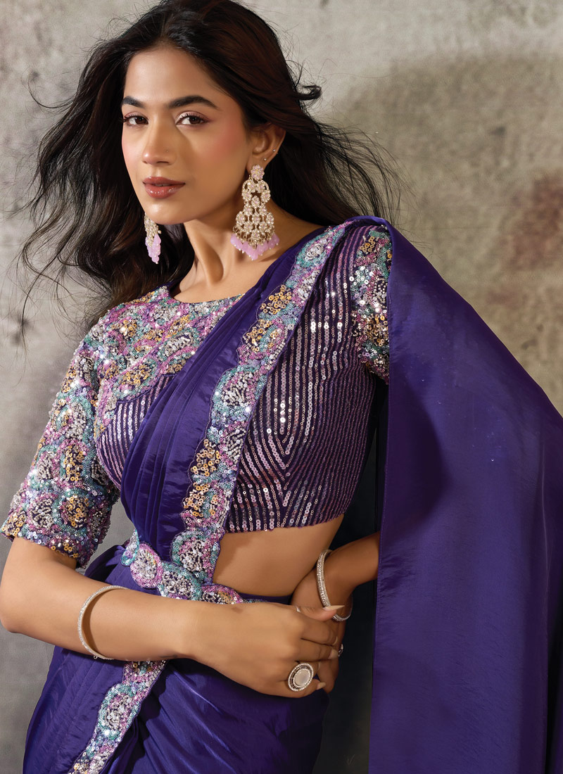 Purple Designer Satin Saree With Dual Beads Four Sequins Detailing And Elegant Belt Set