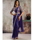 Purple Designer Satin Saree With Dual Beads Four Sequins Detailing And Elegant Belt Set