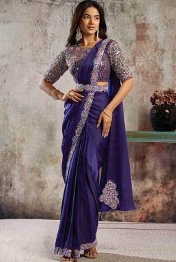 Purple Designer Satin Saree With Dual Beads Four Sequins Detailing And Elegant Belt Set