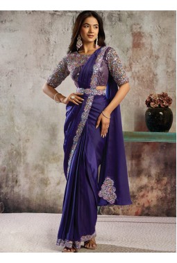 Purple Designer Satin Saree With Dual Beads Four Sequins Detailing And Elegant Belt Set