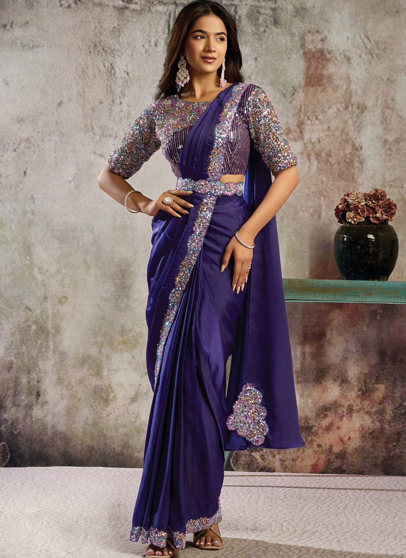 Purple Designer Satin Saree With Dual Beads Four Sequins Detailing And Elegant Belt Set