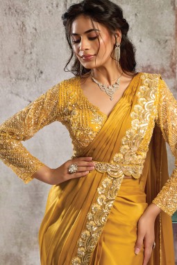 Mustard Satin Sequin Embellished One Minute Saree