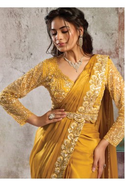 Mustard Satin Sequin Embellished One Minute Saree