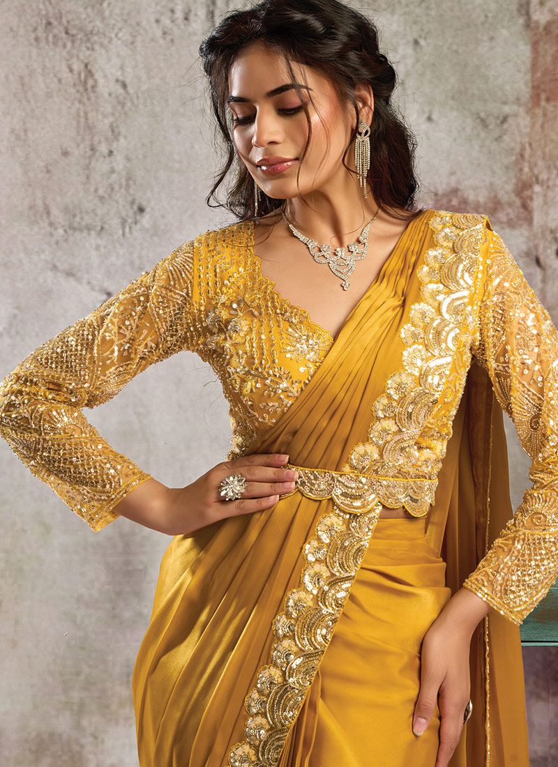 Mustard Satin Sequin Embellished One Minute Saree
