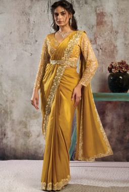 Mustard Satin Sequin Embellished One Minute Saree