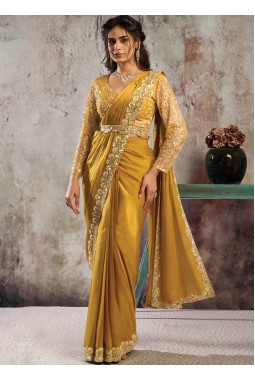 Mustard Satin Sequin Embellished One Minute Saree