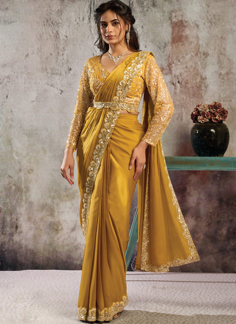 Mustard Satin Sequin Embellished One Minute Saree