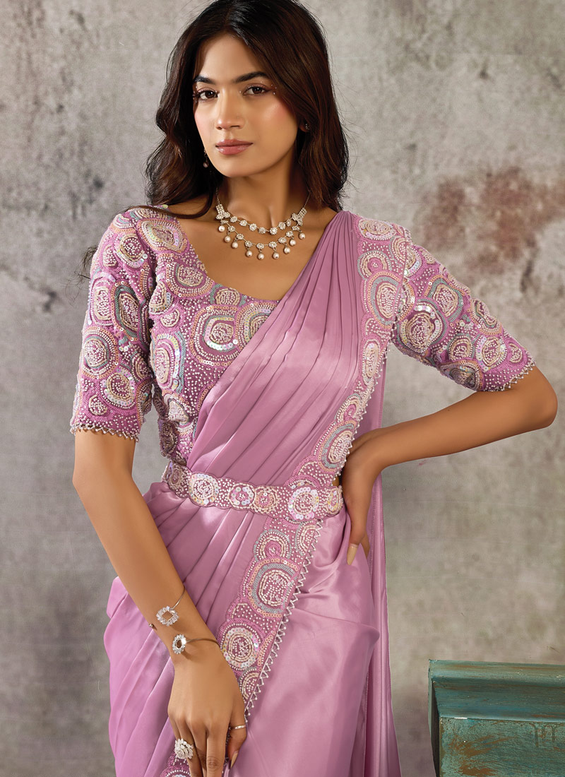 Dusty Pink Premium Satin Saree With Bead And Sequin Embellishment