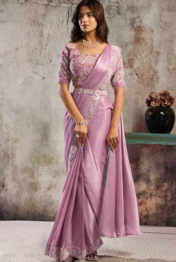 Dusty Pink Premium Satin Saree With Bead And Sequin Embellishment
