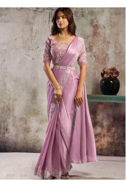 Dusty Pink Premium Satin Saree With Bead And Sequin Embellishment
