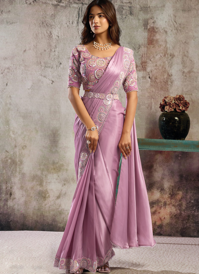 Dusty Pink Premium Satin Saree With Bead And Sequin Embellishment